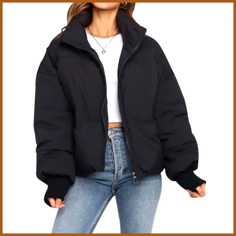 Cropped Puffer Jacket Waterproof Polyester Quilted Winter Coat